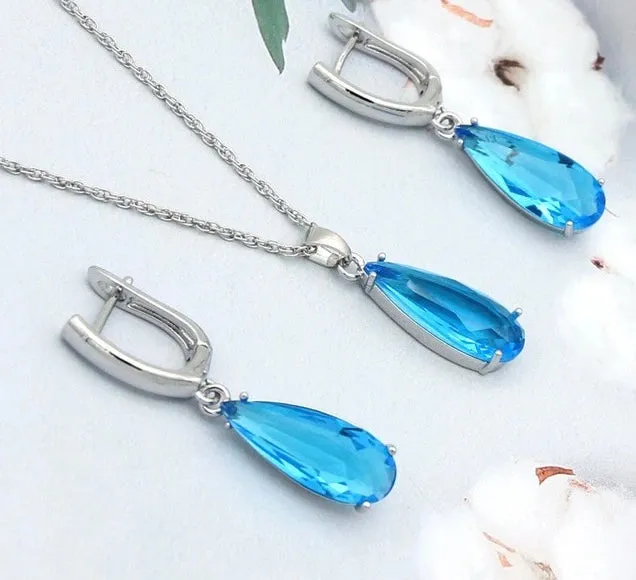 Long Water Drop Dangle Zircon Necklace and Earrings Jewelry Set-Wedding and Quince Party Jewelry
