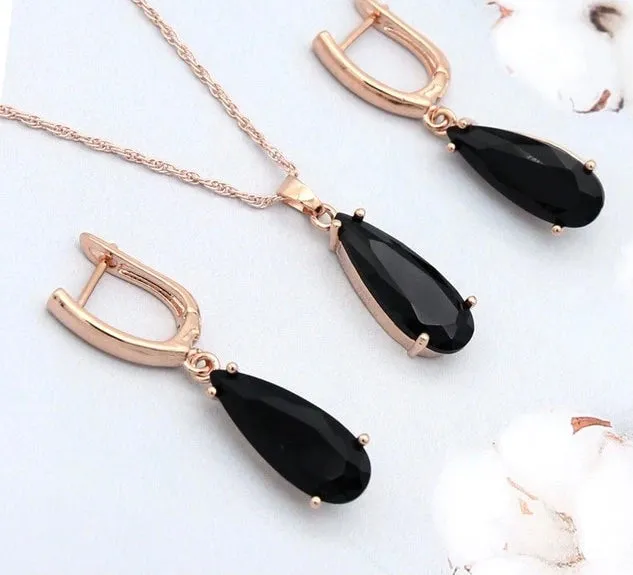 Long Water Drop Dangle Zircon Necklace and Earrings Jewelry Set-Wedding and Quince Party Jewelry
