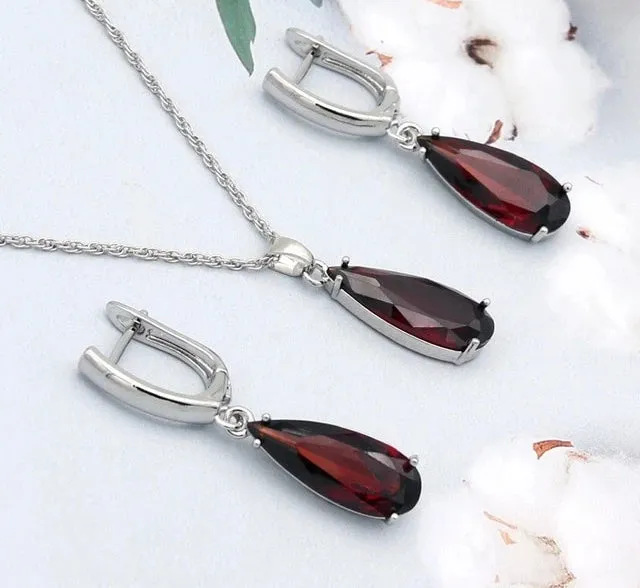 Long Water Drop Dangle Zircon Necklace and Earrings Jewelry Set-Wedding and Quince Party Jewelry