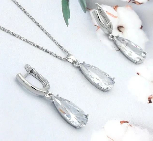 Long Water Drop Dangle Zircon Necklace and Earrings Jewelry Set-Wedding and Quince Party Jewelry
