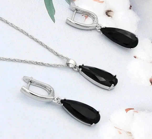 Long Water Drop Dangle Zircon Necklace and Earrings Jewelry Set-Wedding and Quince Party Jewelry