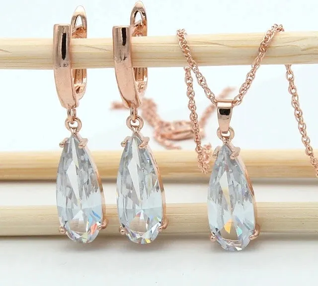 Long Water Drop Dangle Zircon Necklace and Earrings Jewelry Set-Wedding and Quince Party Jewelry