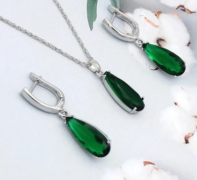 Long Water Drop Dangle Zircon Necklace and Earrings Jewelry Set-Wedding and Quince Party Jewelry