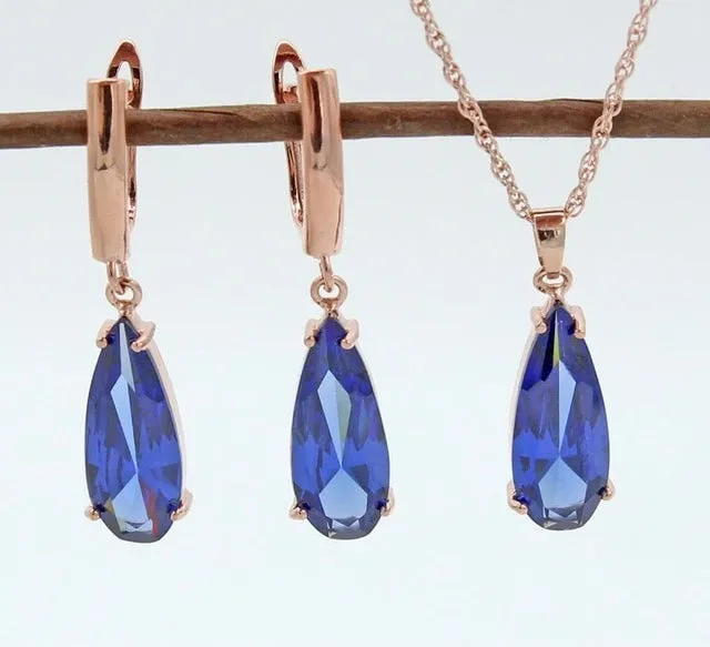 Long Water Drop Dangle Zircon Necklace and Earrings Jewelry Set-Wedding and Quince Party Jewelry