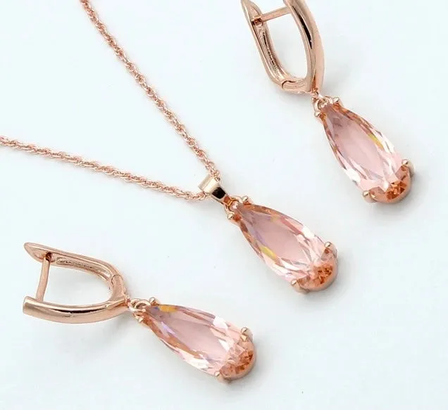 Long Water Drop Dangle Zircon Necklace and Earrings Jewelry Set-Wedding and Quince Party Jewelry
