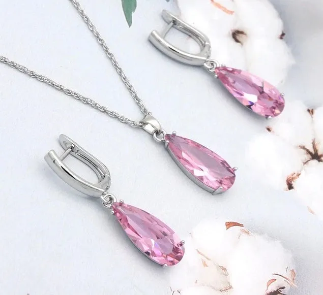Long Water Drop Dangle Zircon Necklace and Earrings Jewelry Set-Wedding and Quince Party Jewelry