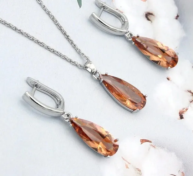 Long Water Drop Dangle Zircon Necklace and Earrings Jewelry Set-Wedding and Quince Party Jewelry