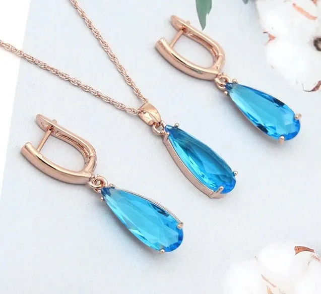 Long Water Drop Dangle Zircon Necklace and Earrings Jewelry Set-Wedding and Quince Party Jewelry