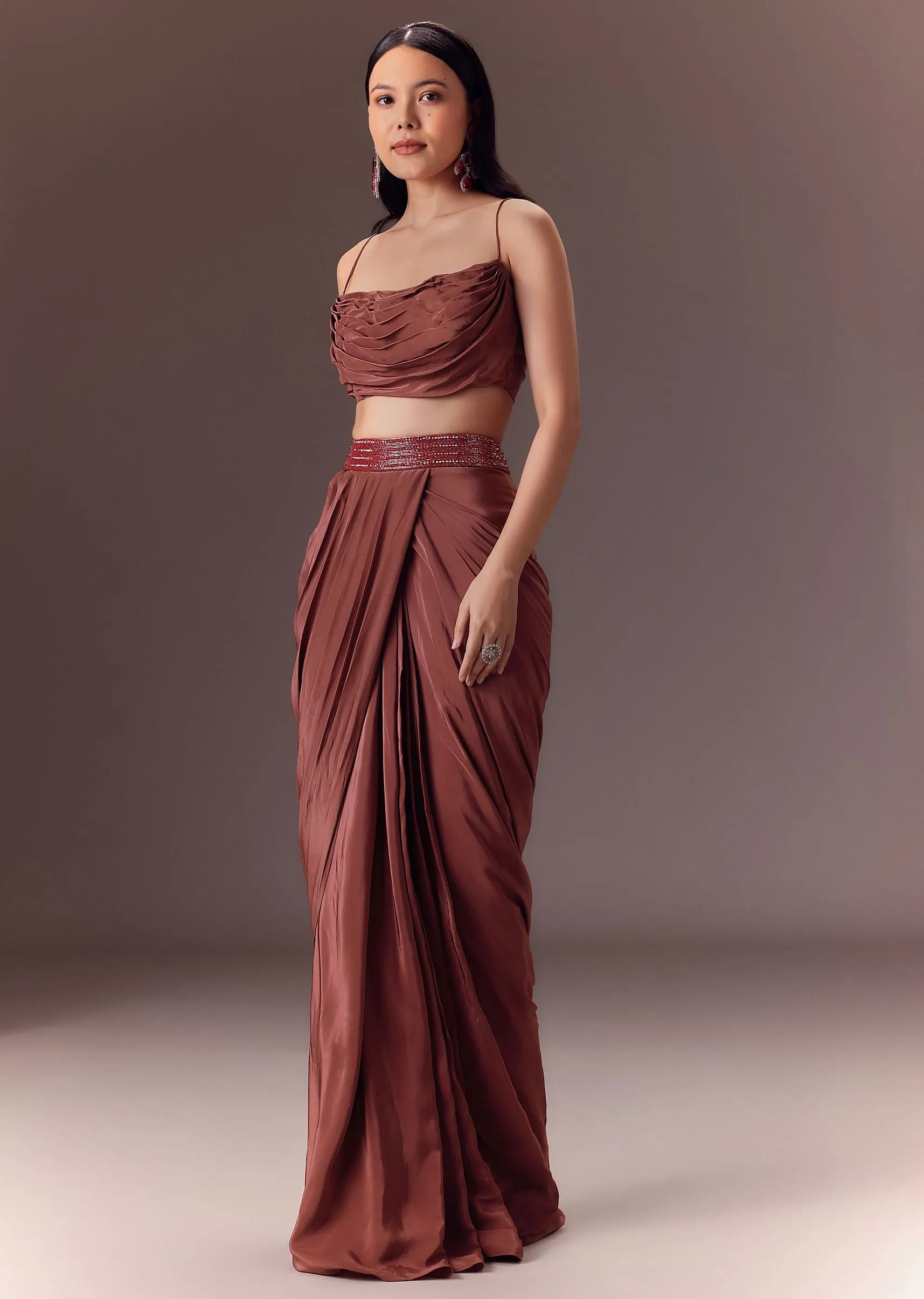 Maroon Organza Cowl Blouse With Jacket And Draped Skirt