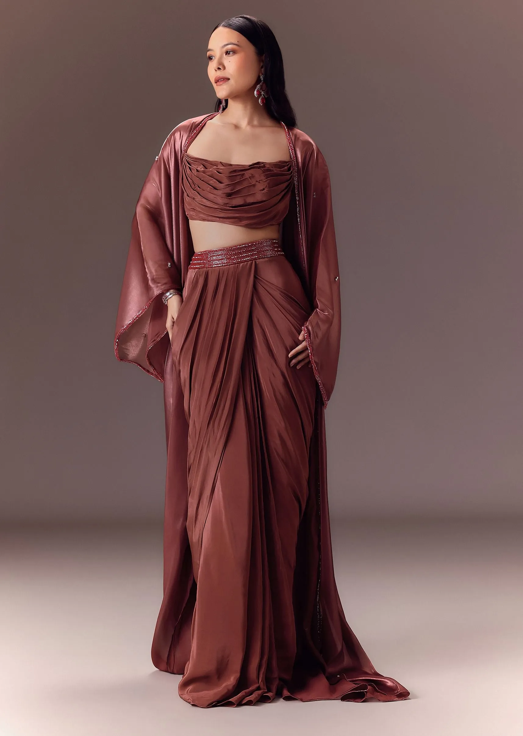 Maroon Organza Cowl Blouse With Jacket And Draped Skirt