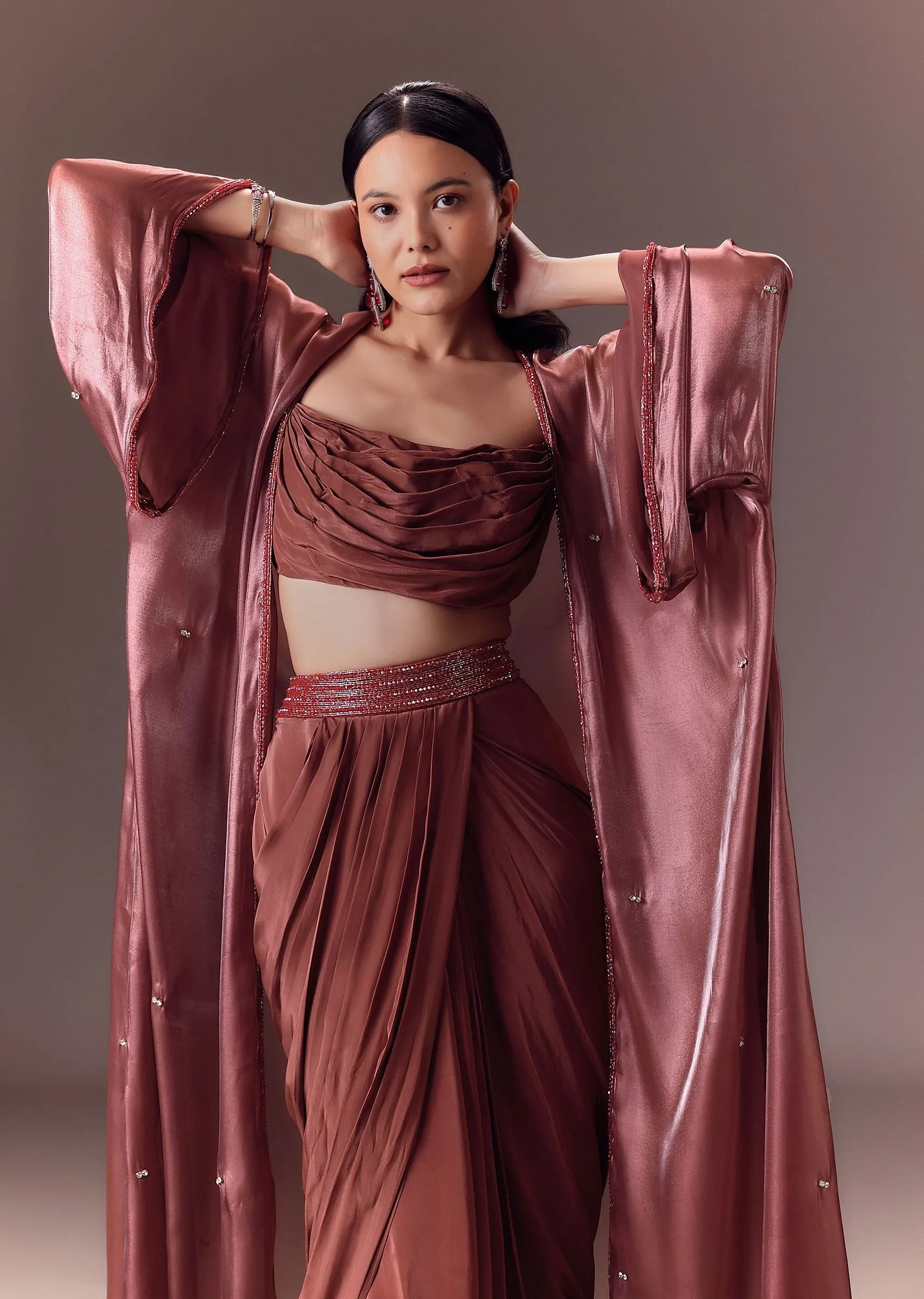 Maroon Organza Cowl Blouse With Jacket And Draped Skirt