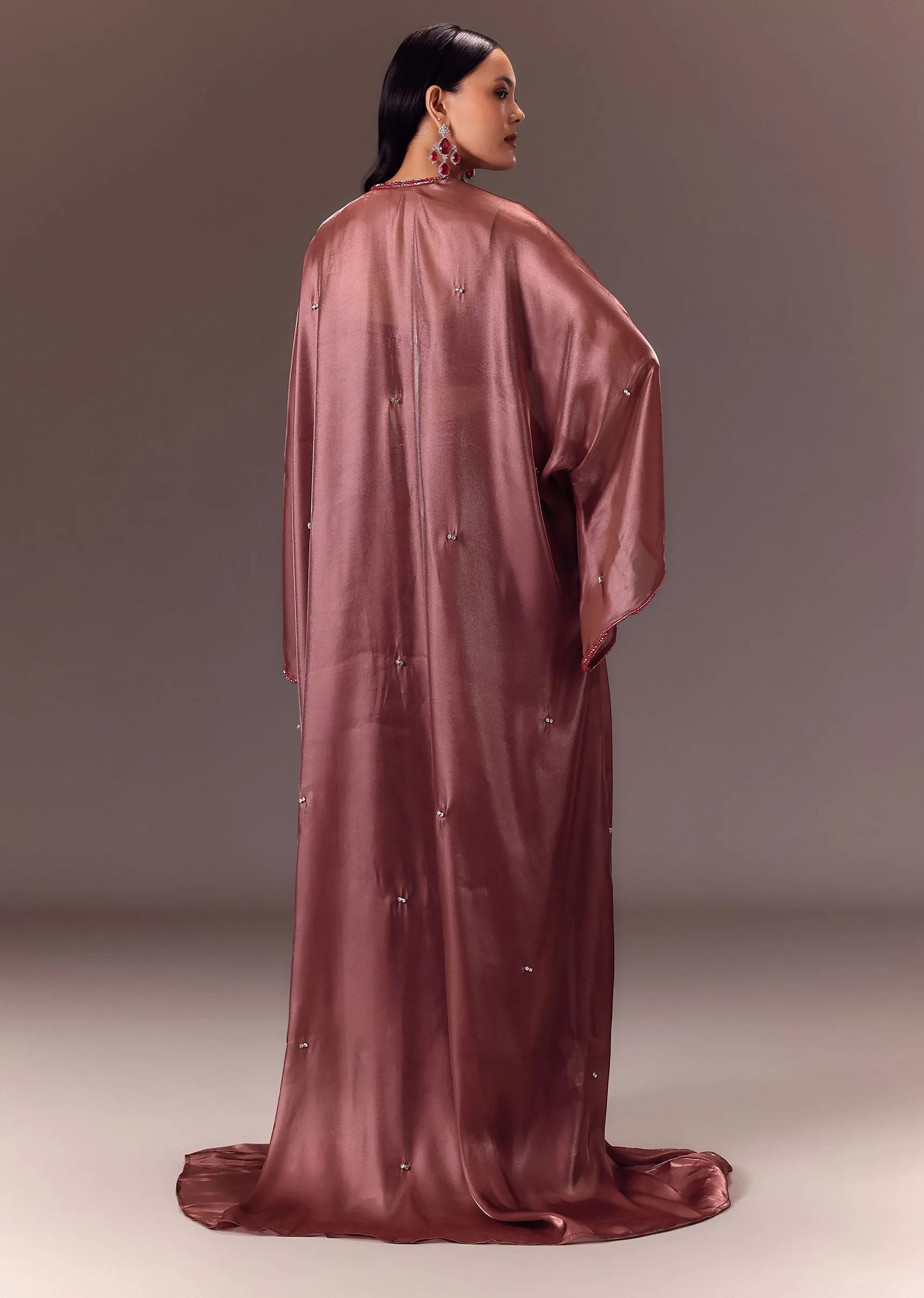 Maroon Organza Cowl Blouse With Jacket And Draped Skirt
