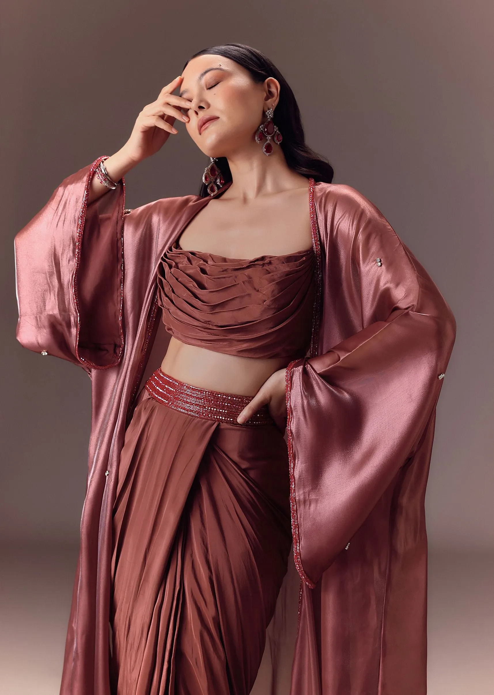 Maroon Organza Cowl Blouse With Jacket And Draped Skirt