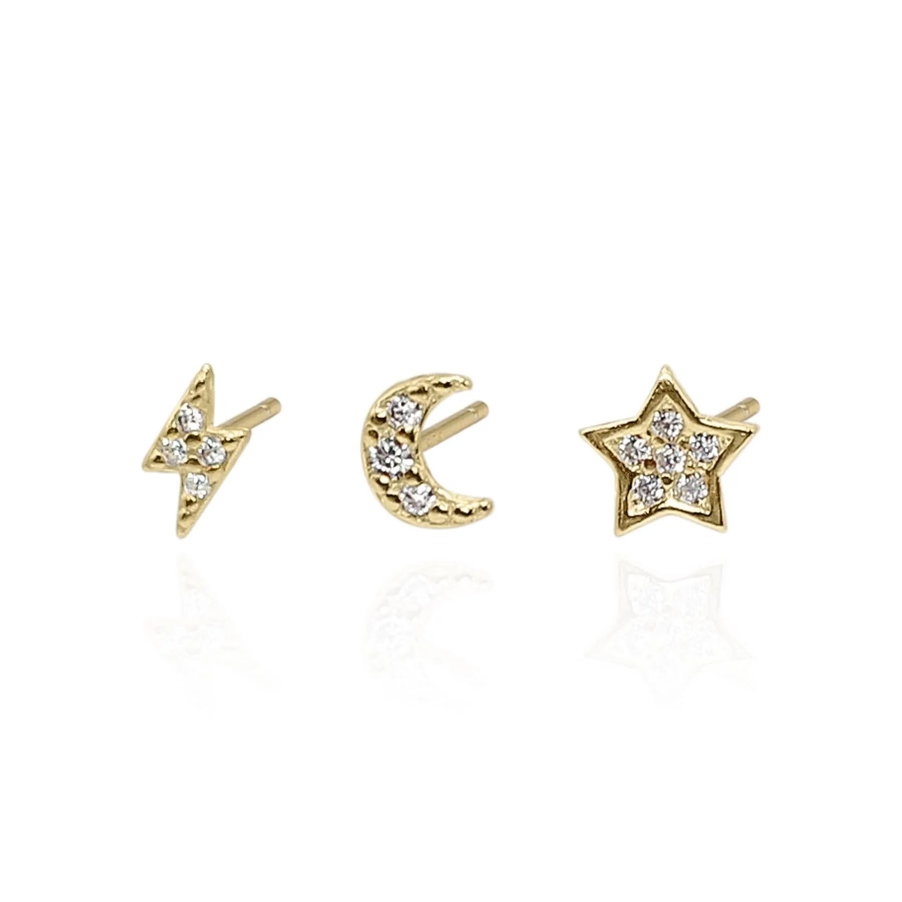 Miku Lightning, Moon & Star Stud Earrings Set | 18K Gold Plated