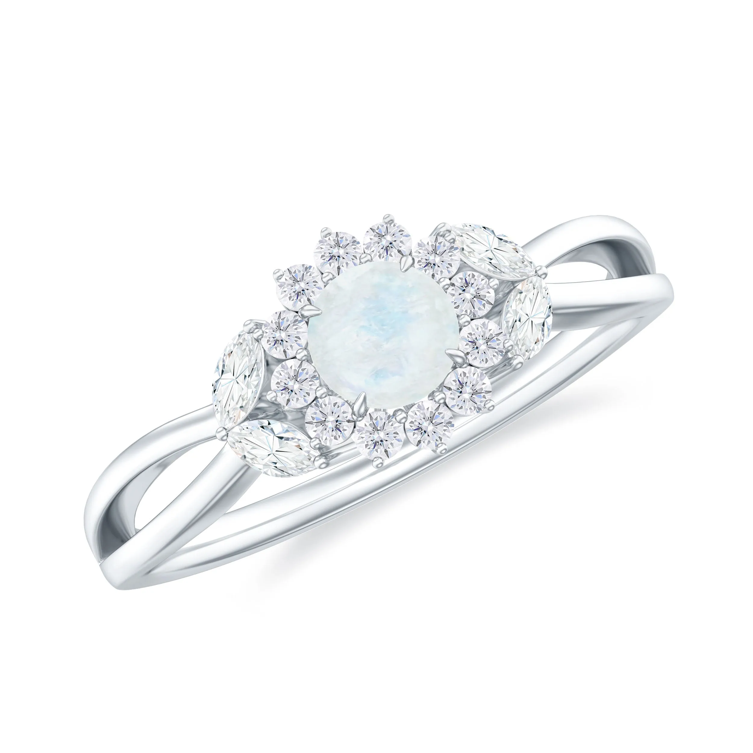 Moonstone and Diamond Flower Engagement Ring with Split Shank
