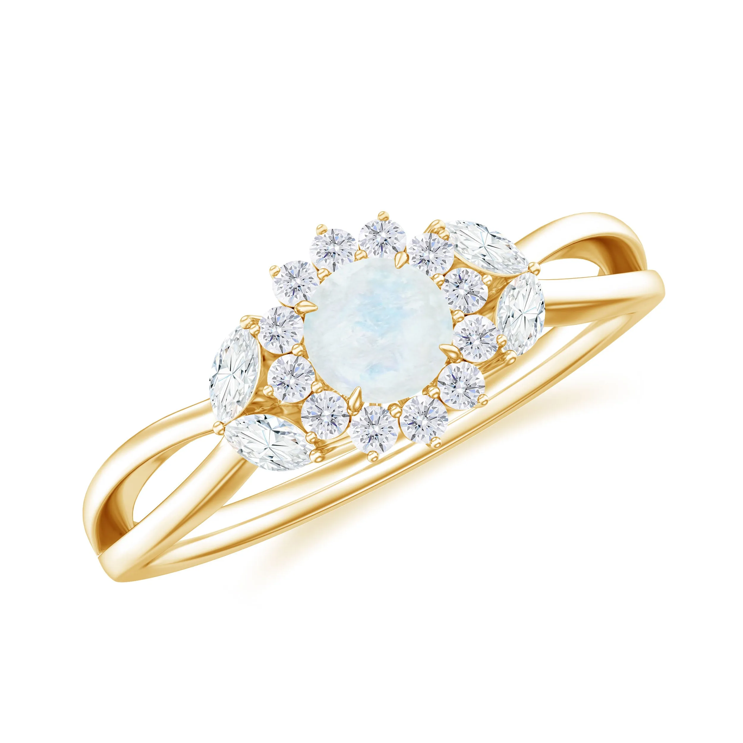 Moonstone and Diamond Flower Engagement Ring with Split Shank