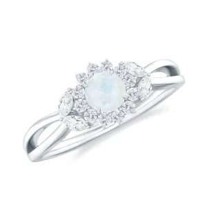 Moonstone and Diamond Flower Engagement Ring with Split Shank
