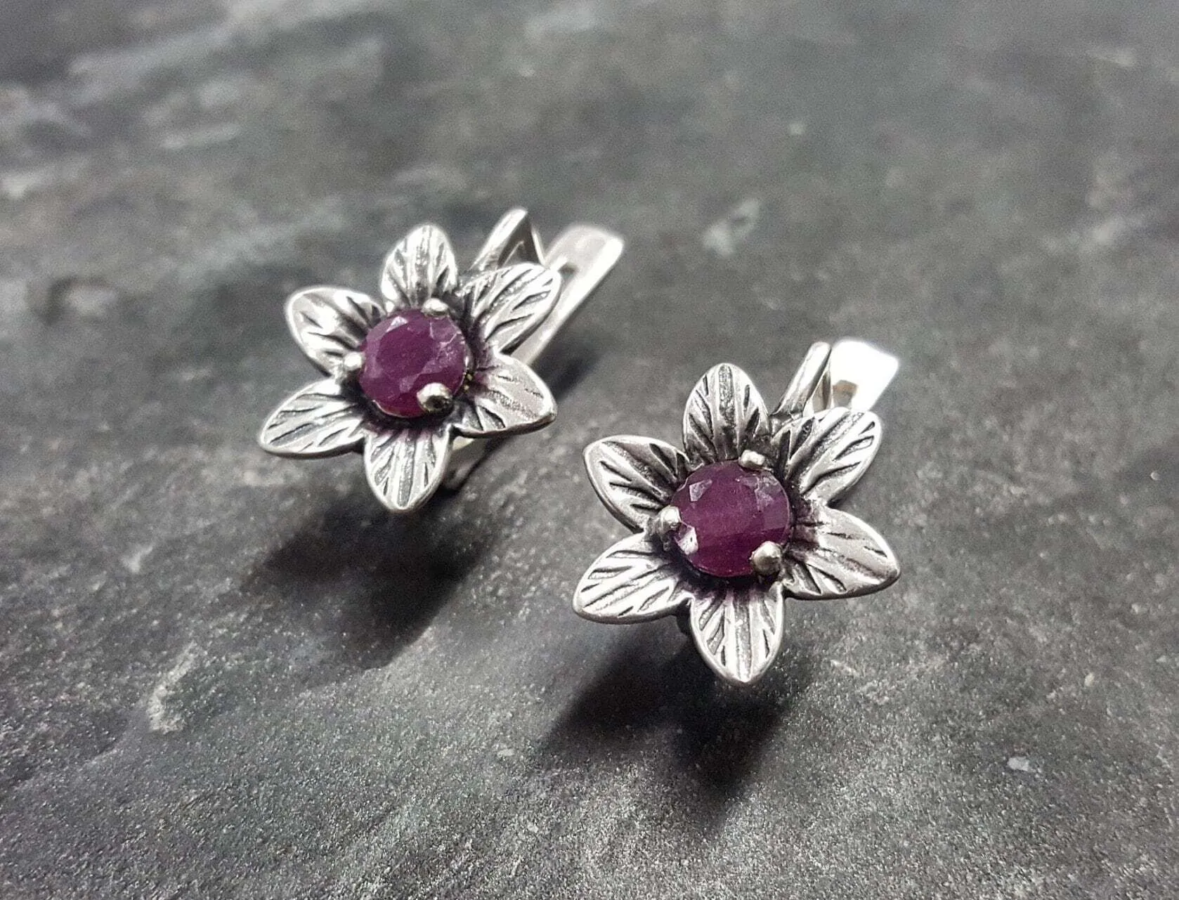 Natural Ruby Earrings - Red Flower Earrings - Vintage Drop Earrings