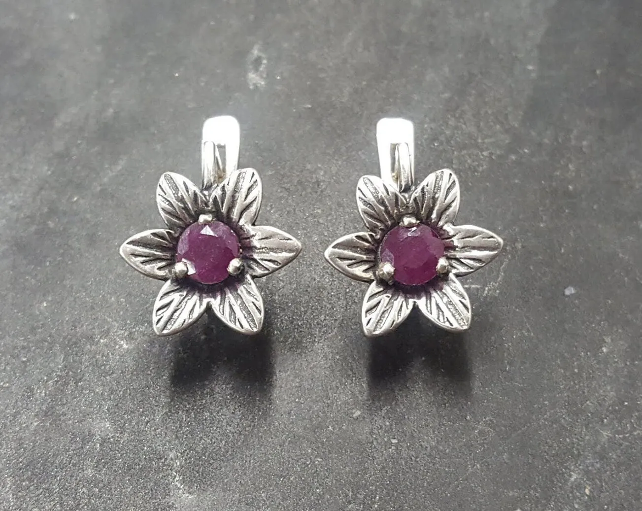Natural Ruby Earrings - Red Flower Earrings - Vintage Drop Earrings
