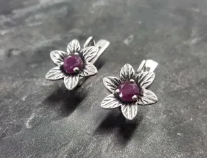 Natural Ruby Earrings - Red Flower Earrings - Vintage Drop Earrings