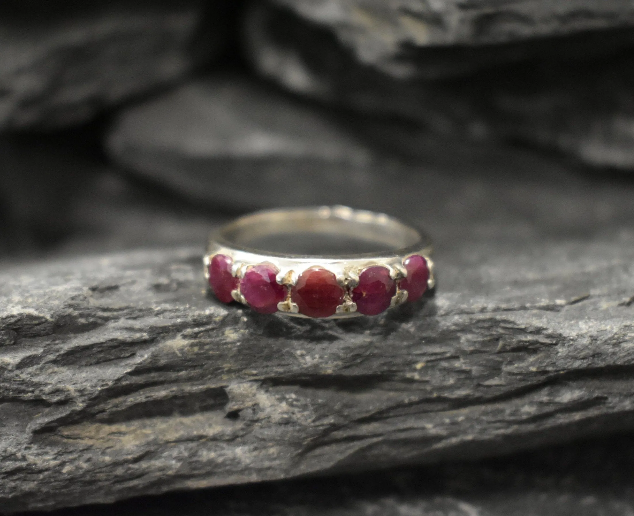 Natural Ruby Ring - Half Eternity Ruby Band - July Birthstone Ring