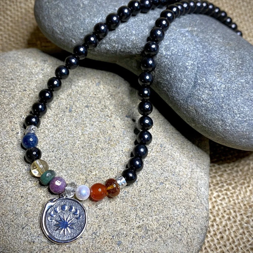 Navaratna Necklace with Shungite & Dragon Rahu Ketu Moon Phases Pendant
