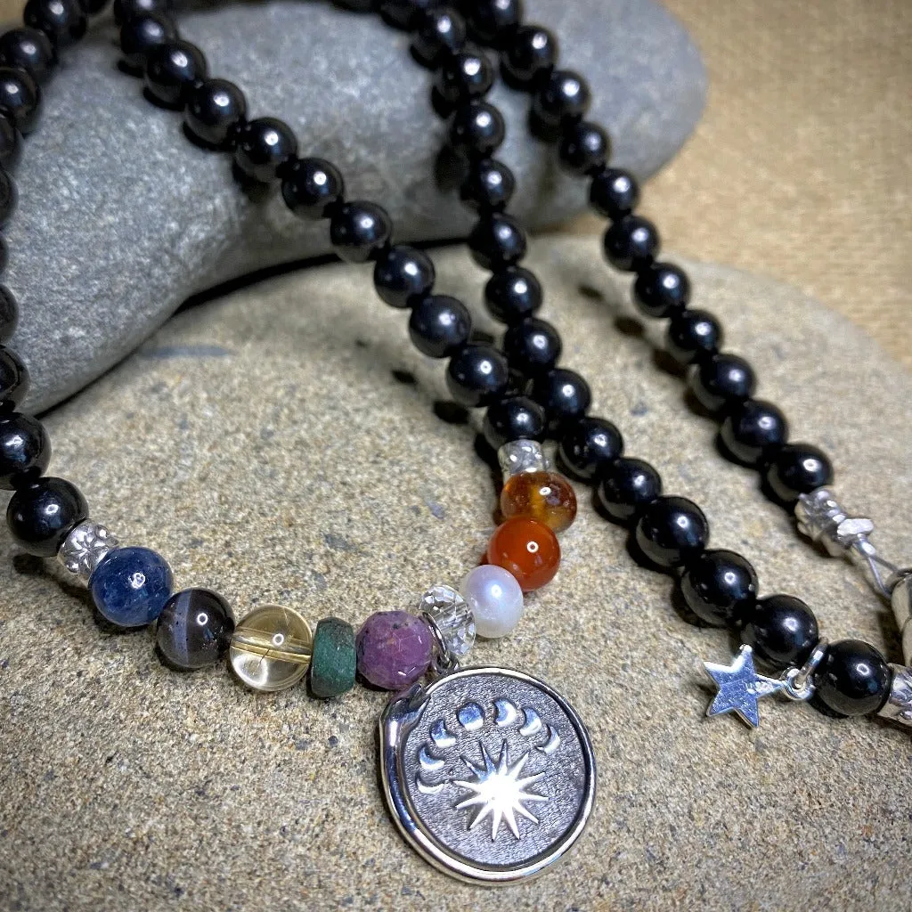 Navaratna Necklace with Shungite & Dragon Rahu Ketu Moon Phases Pendant