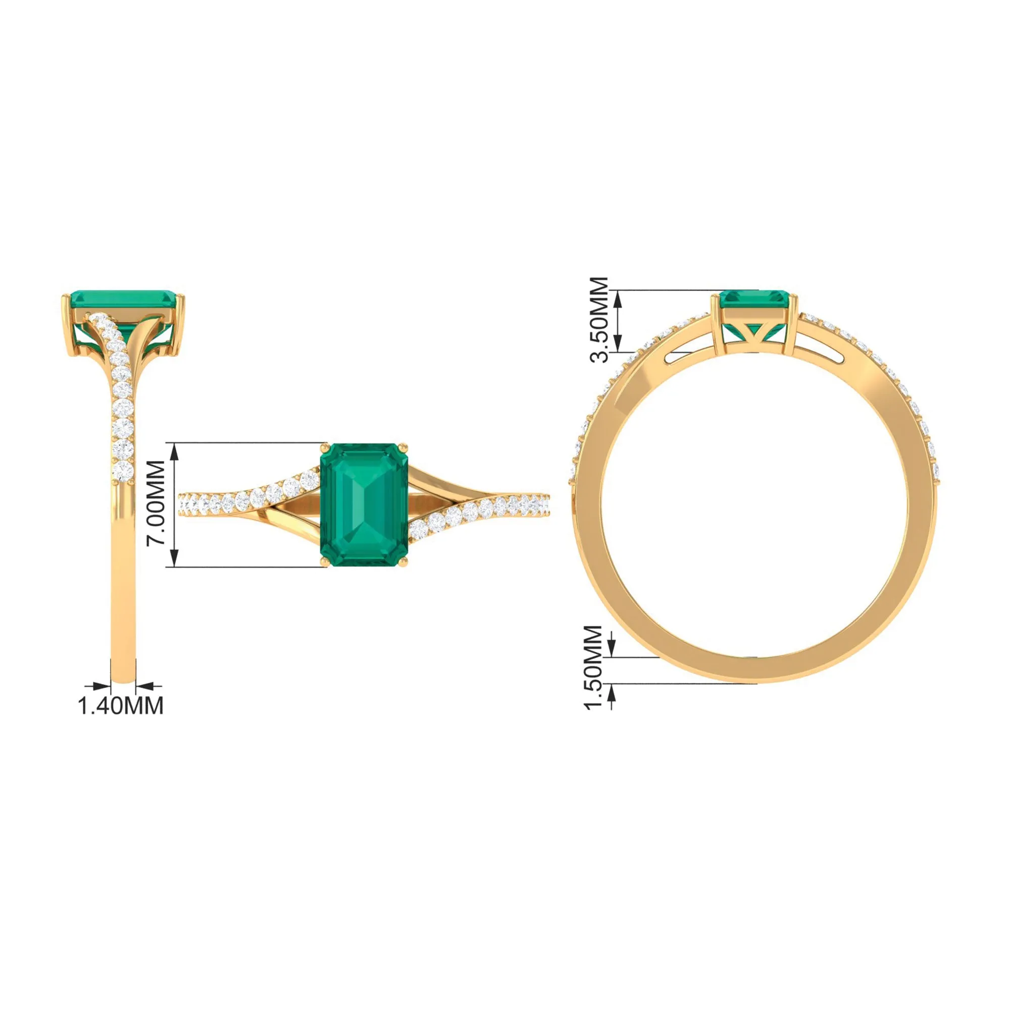 Octagon shape Emerald Solitaire Ring with Diamond Split Shank