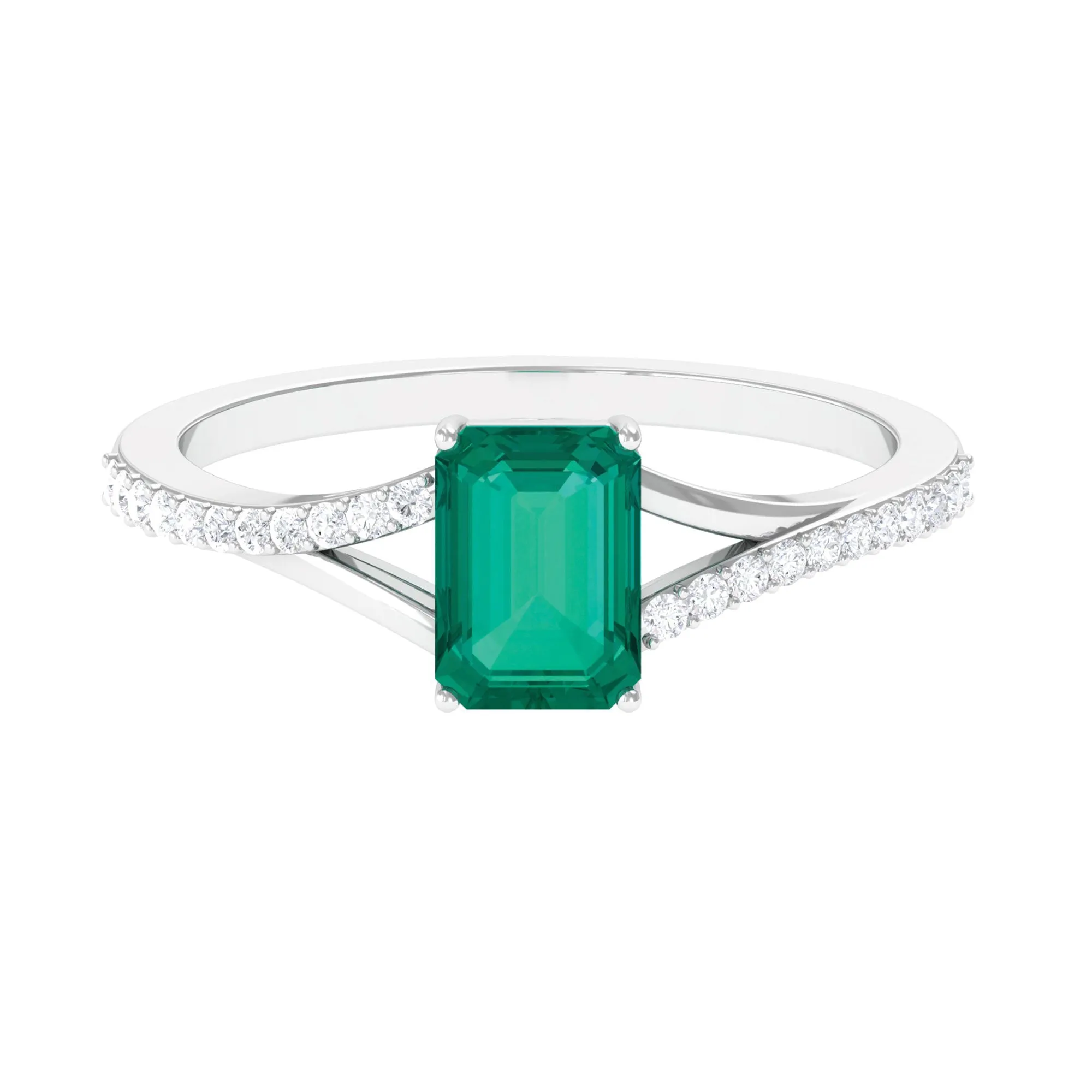 Octagon shape Emerald Solitaire Ring with Diamond Split Shank