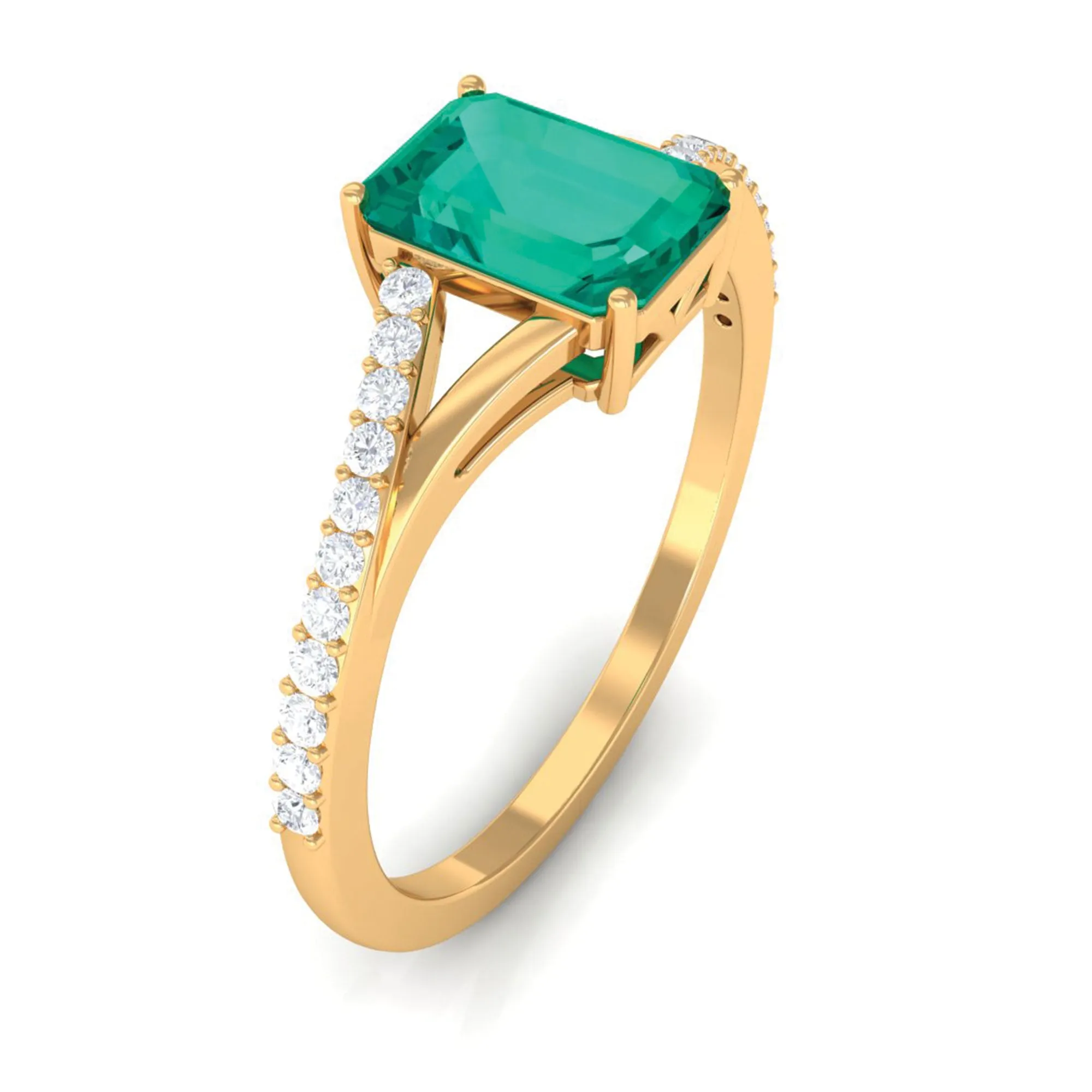 Octagon shape Emerald Solitaire Ring with Diamond Split Shank