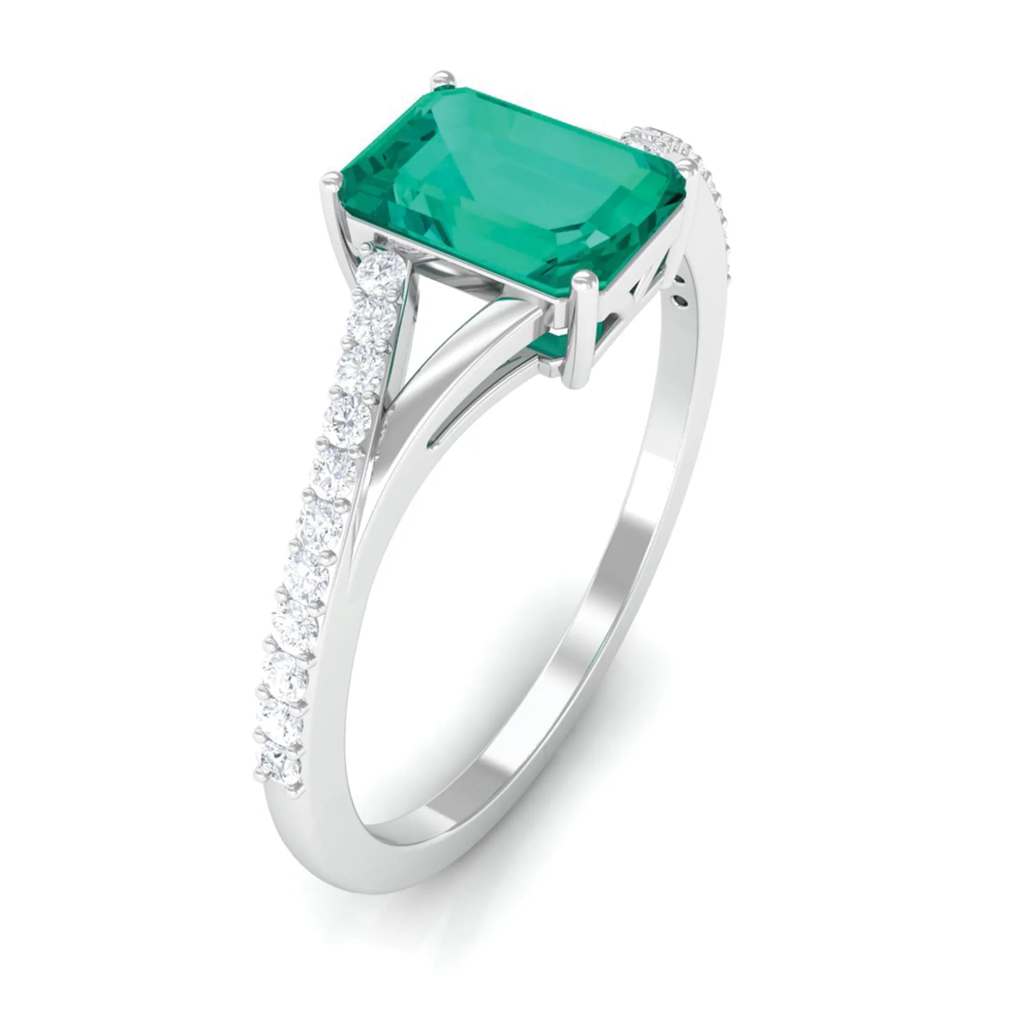 Octagon shape Emerald Solitaire Ring with Diamond Split Shank