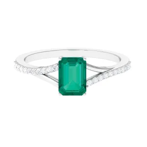 Octagon shape Emerald Solitaire Ring with Diamond Split Shank