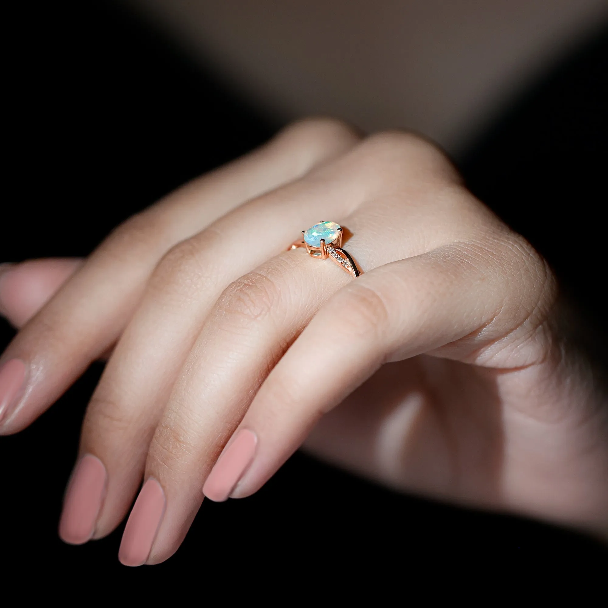 Oval Ethiopian Opal Solitaire Braided Ring with Diamond