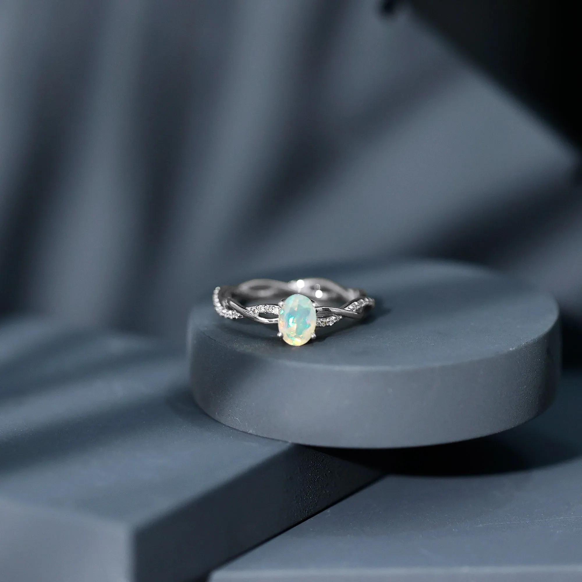Oval Ethiopian Opal Solitaire Braided Ring with Diamond