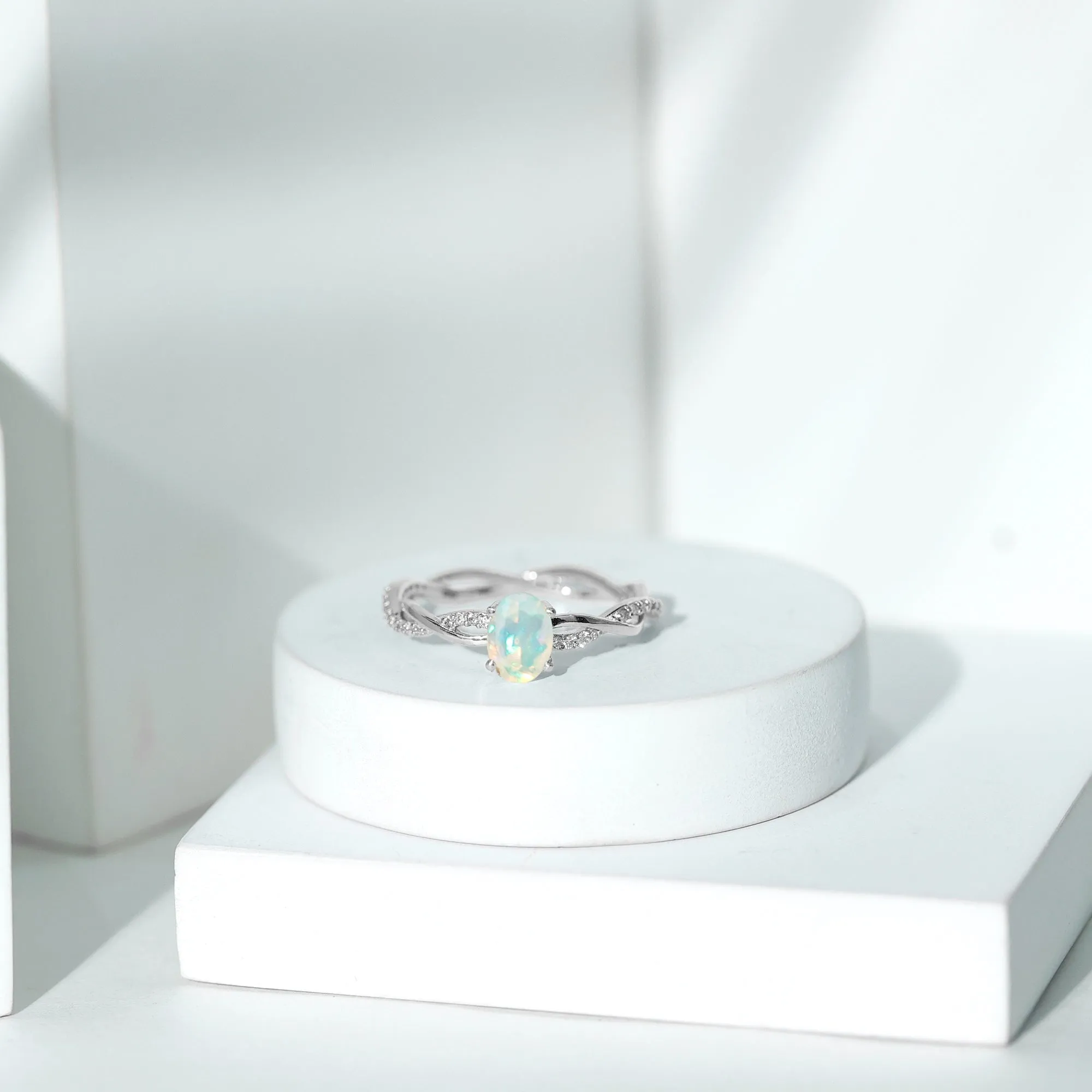 Oval Ethiopian Opal Solitaire Braided Ring with Diamond