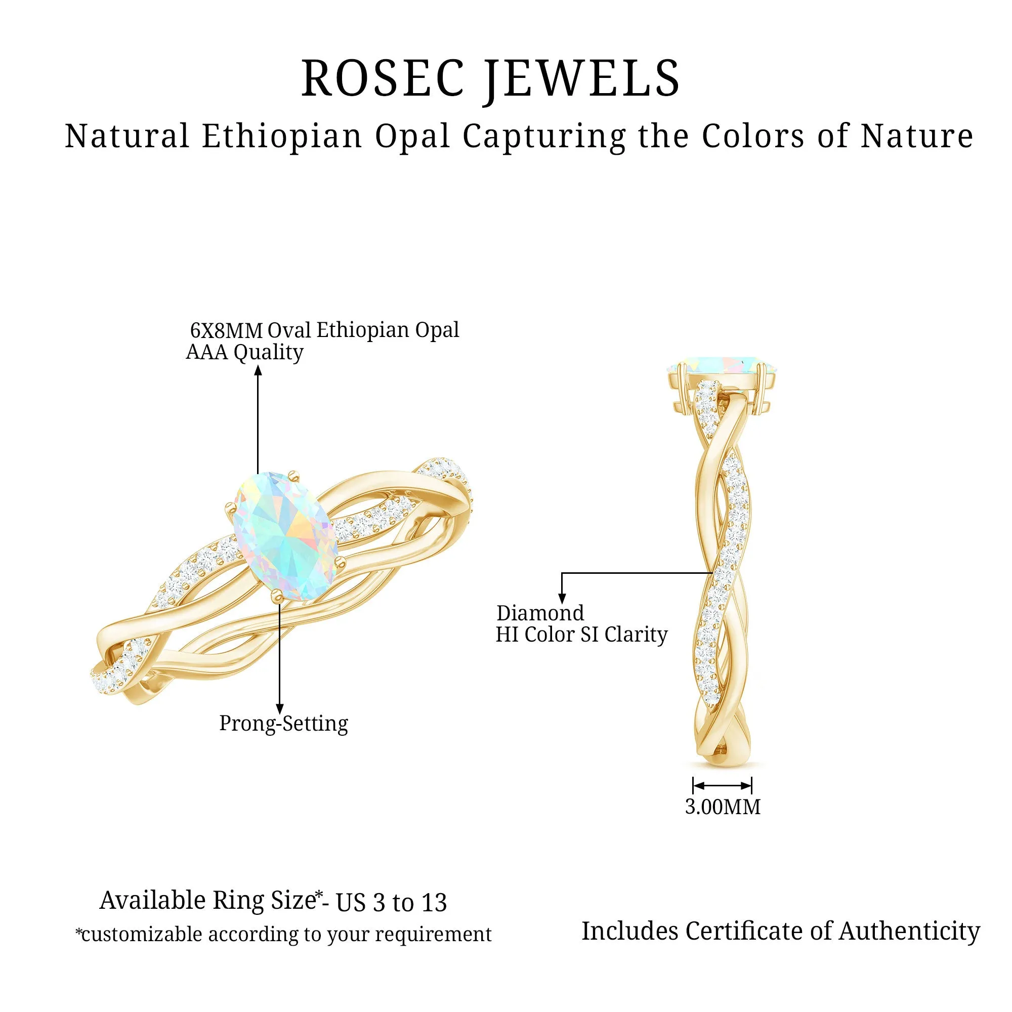 Oval Ethiopian Opal Solitaire Braided Ring with Diamond