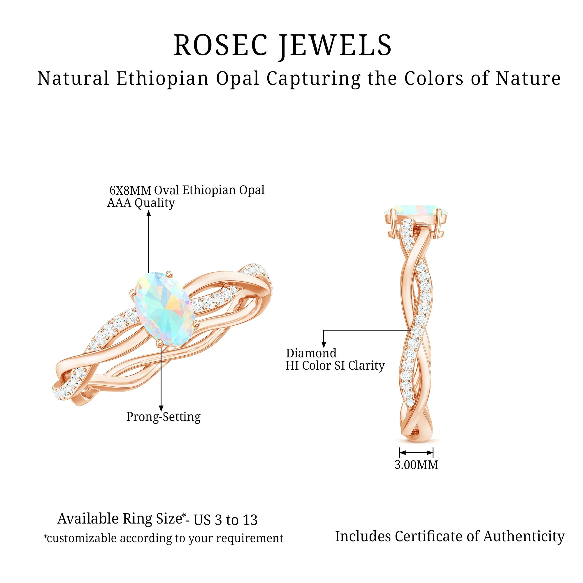 Oval Ethiopian Opal Solitaire Braided Ring with Diamond