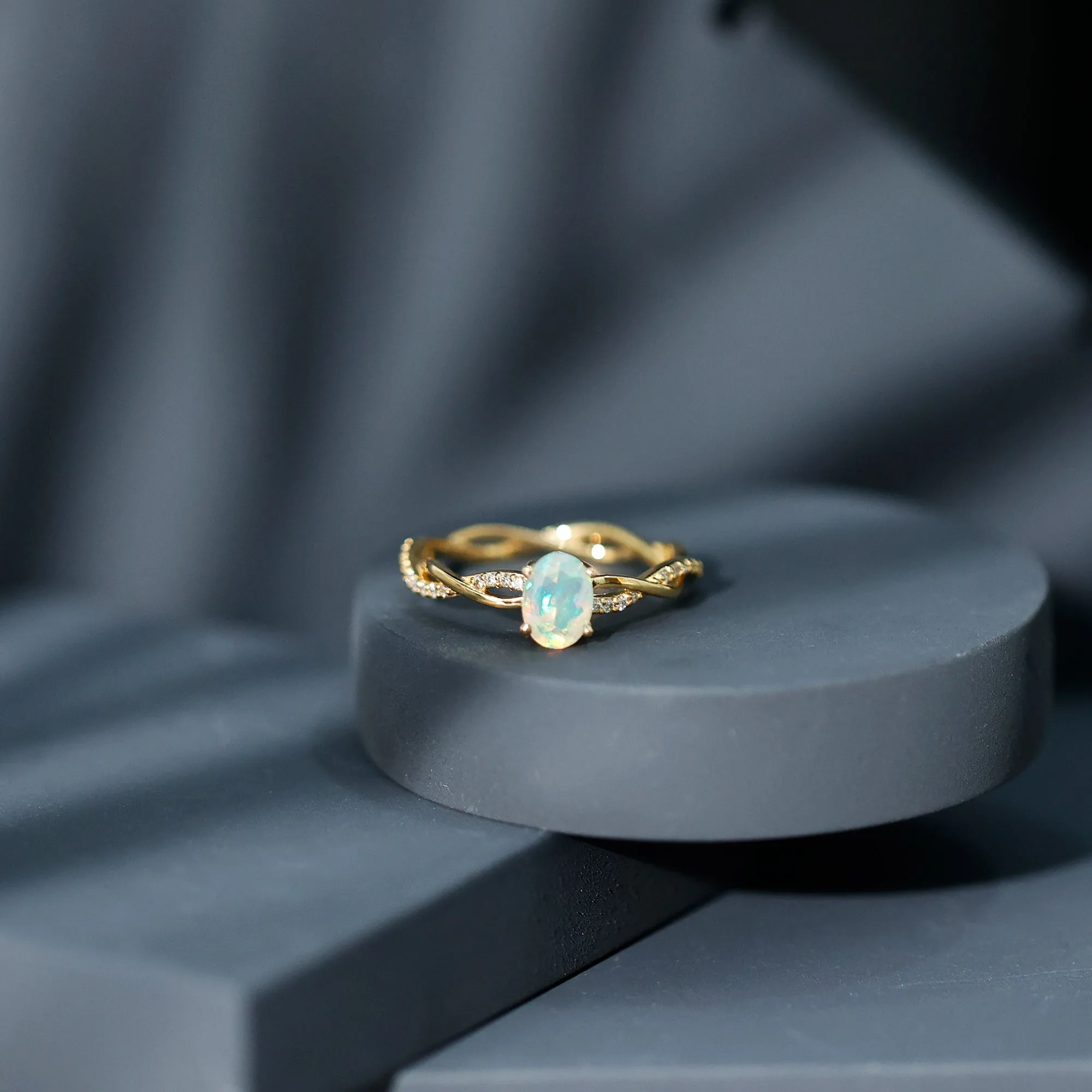 Oval Ethiopian Opal Solitaire Braided Ring with Diamond