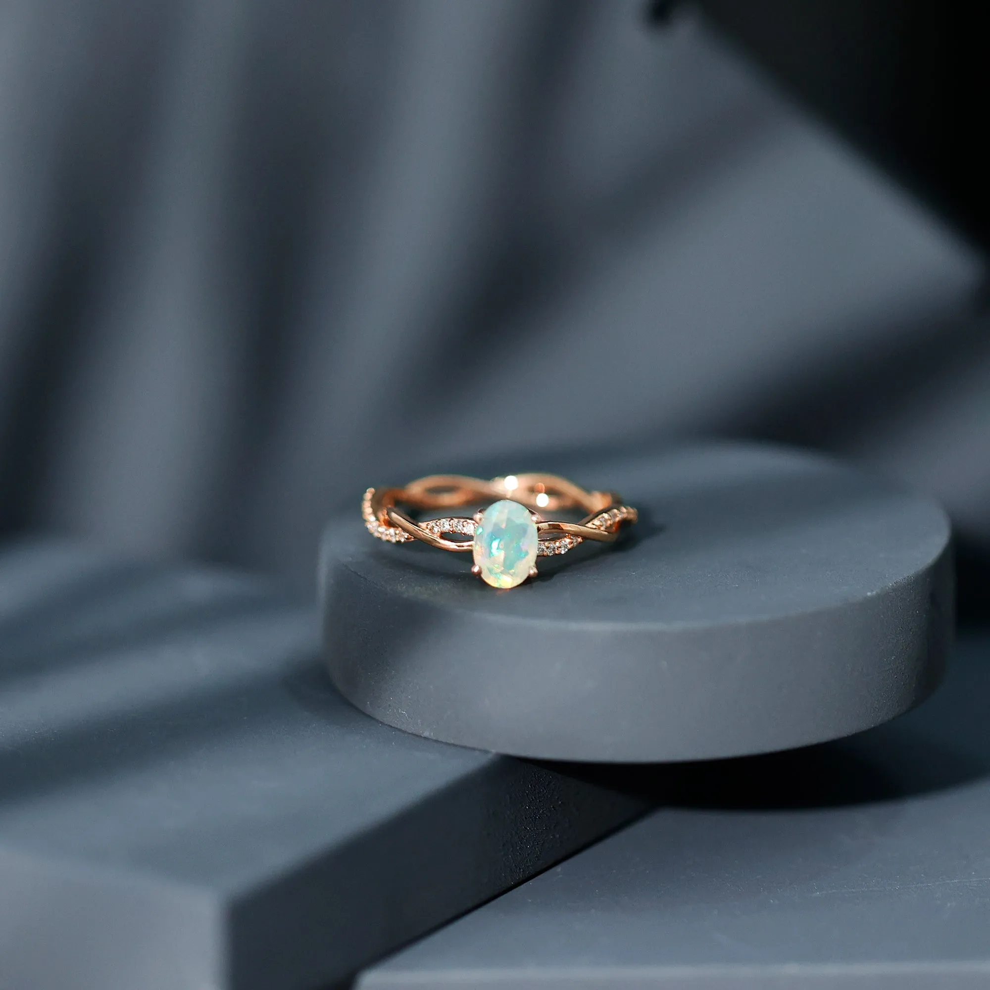 Oval Ethiopian Opal Solitaire Braided Ring with Diamond