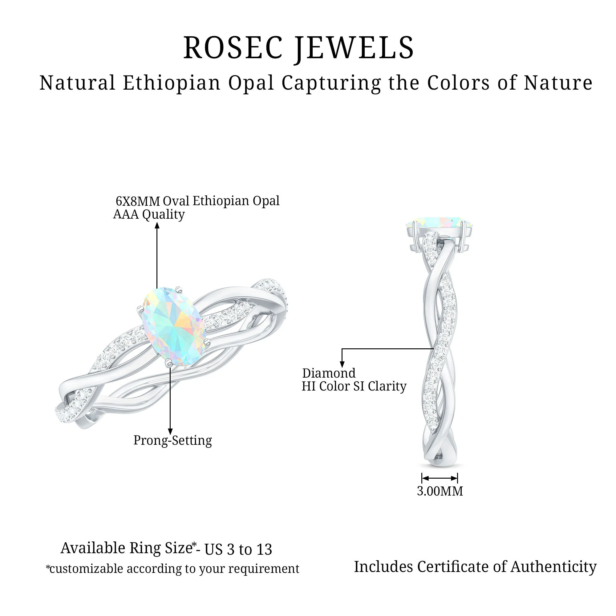 Oval Ethiopian Opal Solitaire Braided Ring with Diamond