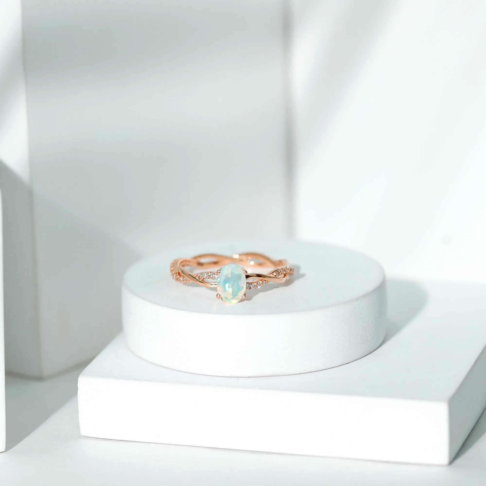 Oval Ethiopian Opal Solitaire Braided Ring with Diamond