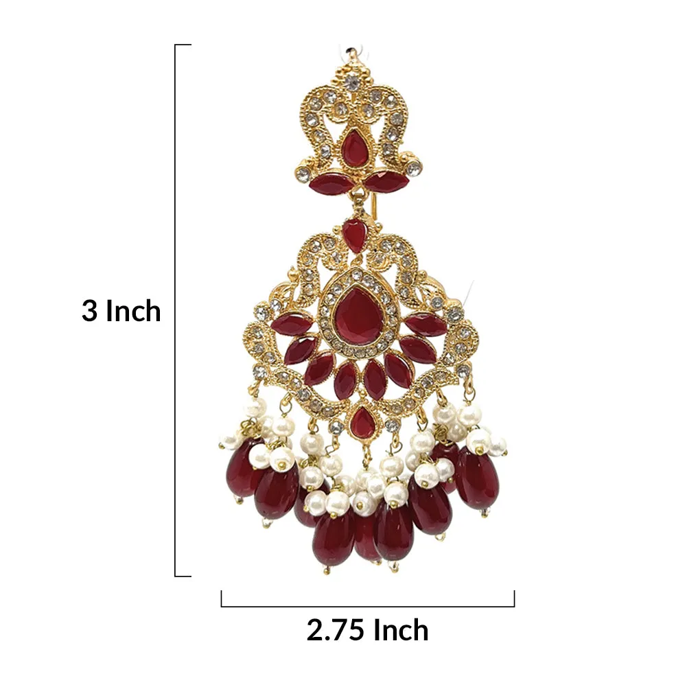 Pakistani Gold Plated Bridal Chandbali Dangle Dance Earrings with Red Zircon and Pearl Hair Chain for Women - Duel On Jewel