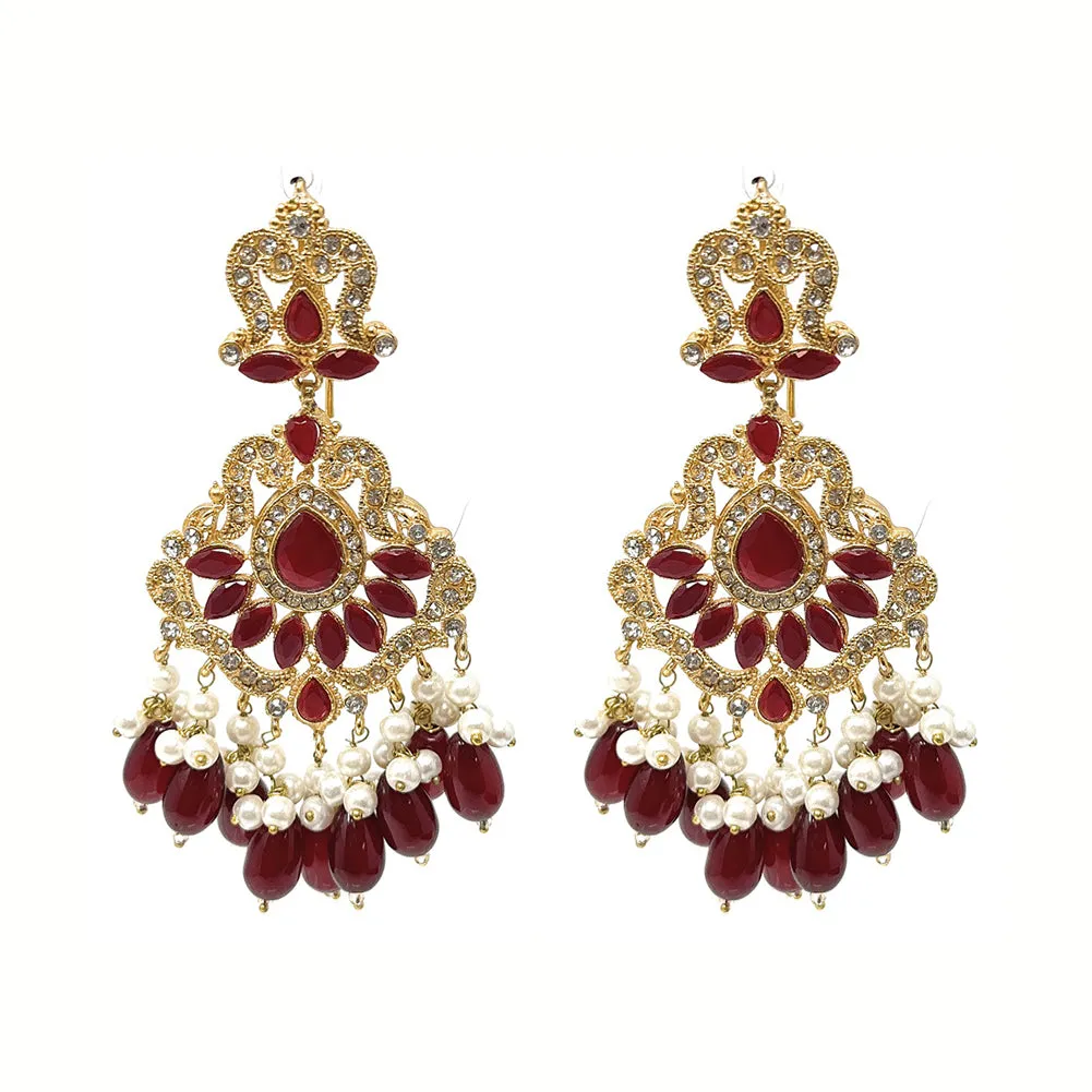 Pakistani Gold Plated Bridal Chandbali Dangle Dance Earrings with Red Zircon and Pearl Hair Chain for Women - Duel On Jewel