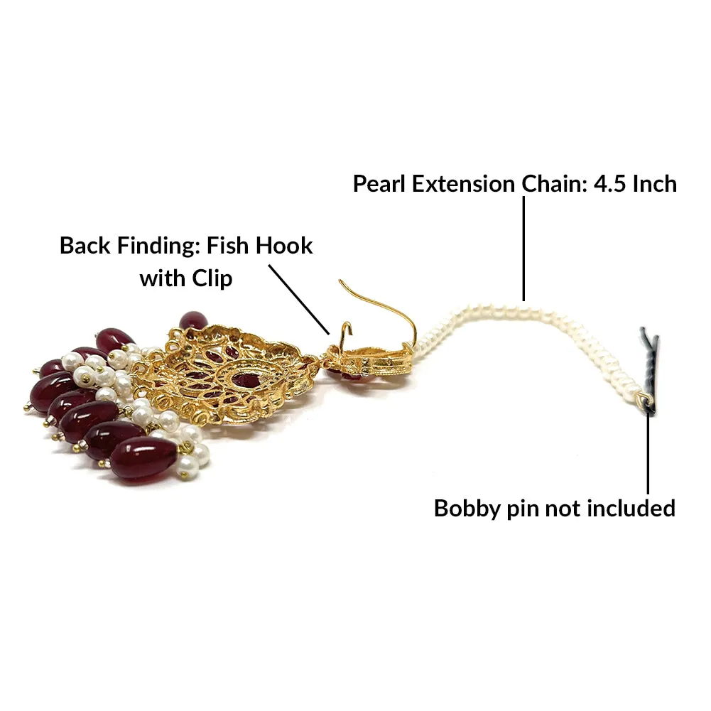 Pakistani Gold Plated Bridal Chandbali Dangle Dance Earrings with Red Zircon and Pearl Hair Chain for Women - Duel On Jewel