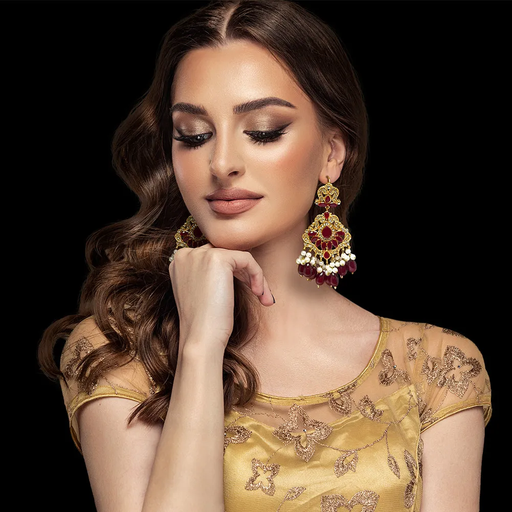 Pakistani Gold Plated Bridal Chandbali Dangle Dance Earrings with Red Zircon and Pearl Hair Chain for Women - Duel On Jewel