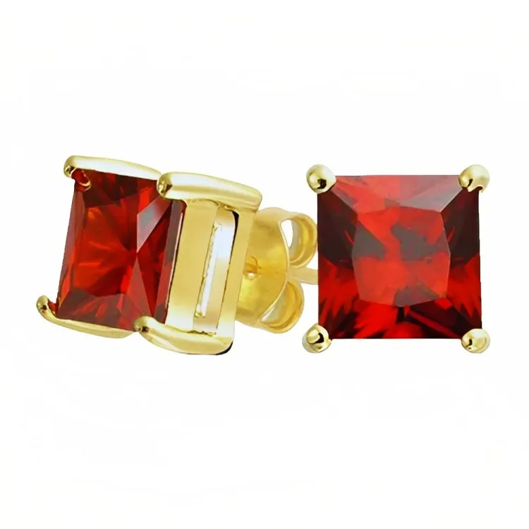 Paris Jewelry 18k Yellow Gold 2 Pair Created Ruby 4mm, 6mm Round & Princess Cut Stud Earrings Plated