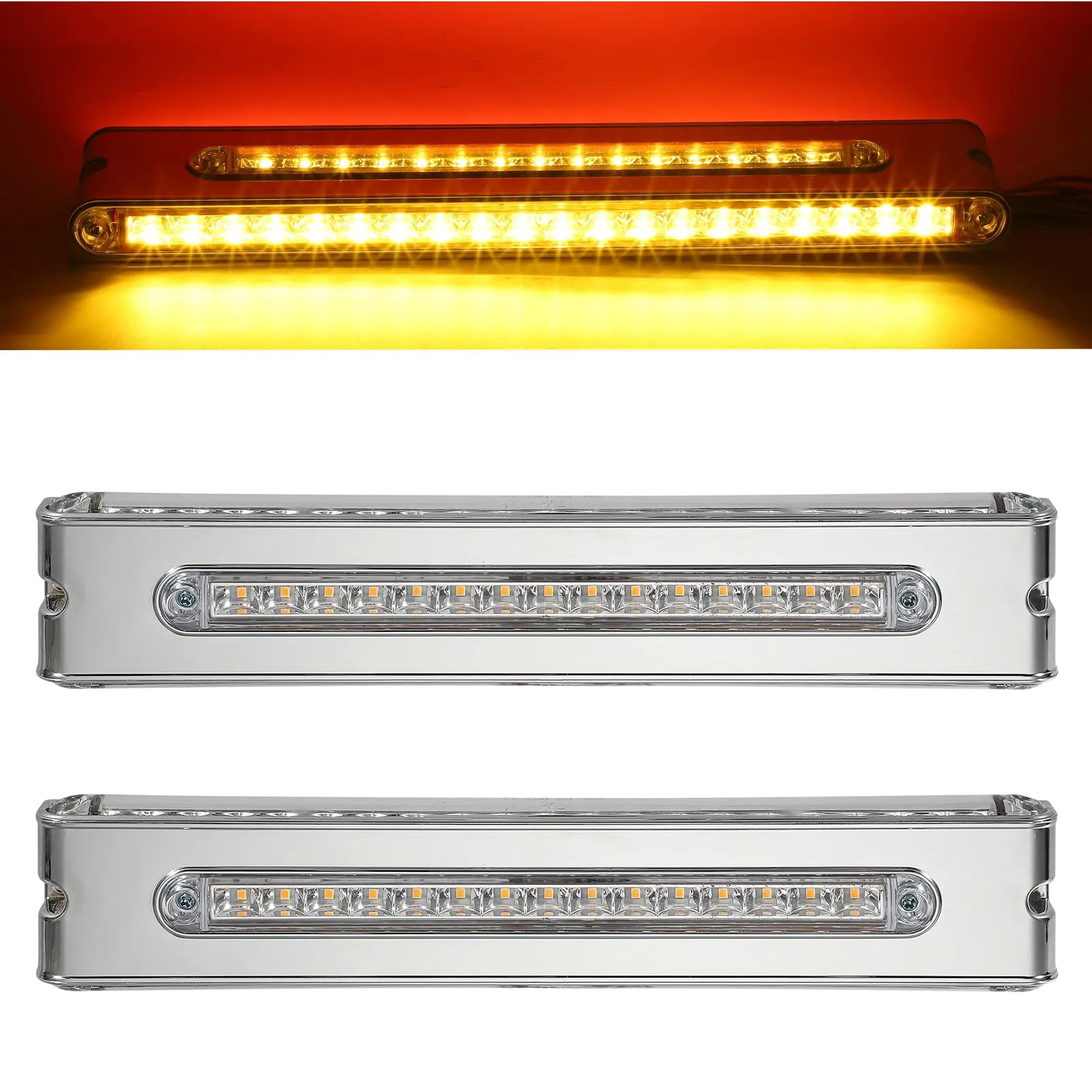 Partsam 2Pcs 12" Double Face Stop Turn Tail Light Bar Chrome Bezel Side Marker Indicator Lights 55 LED Triple Face Led Trailer Light Bar Surface Mount 12" Double Face Auxiliary Light Bar Clear Lens