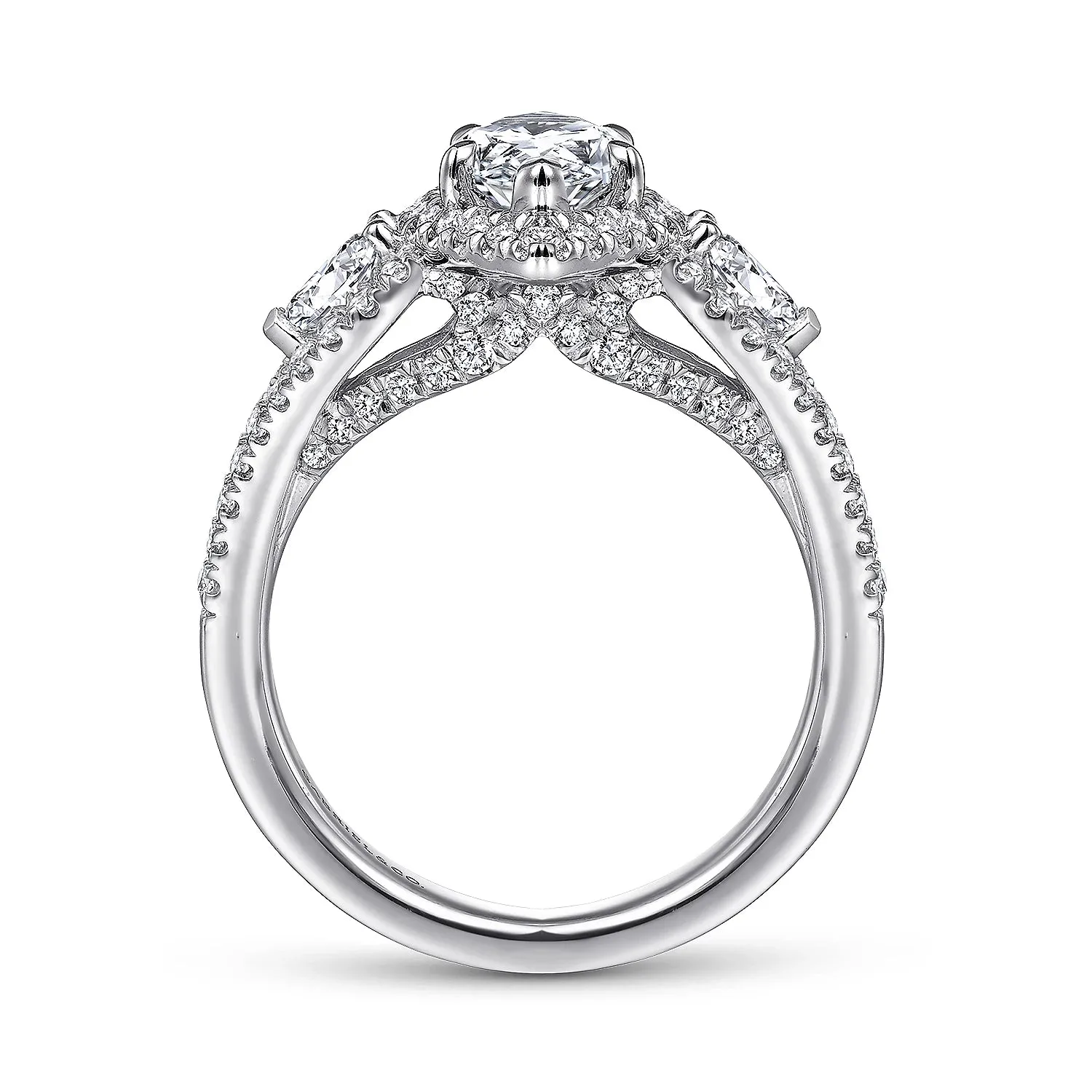 Pear Shape Three Stone Halo Diamond Engagement Ring Mounting
