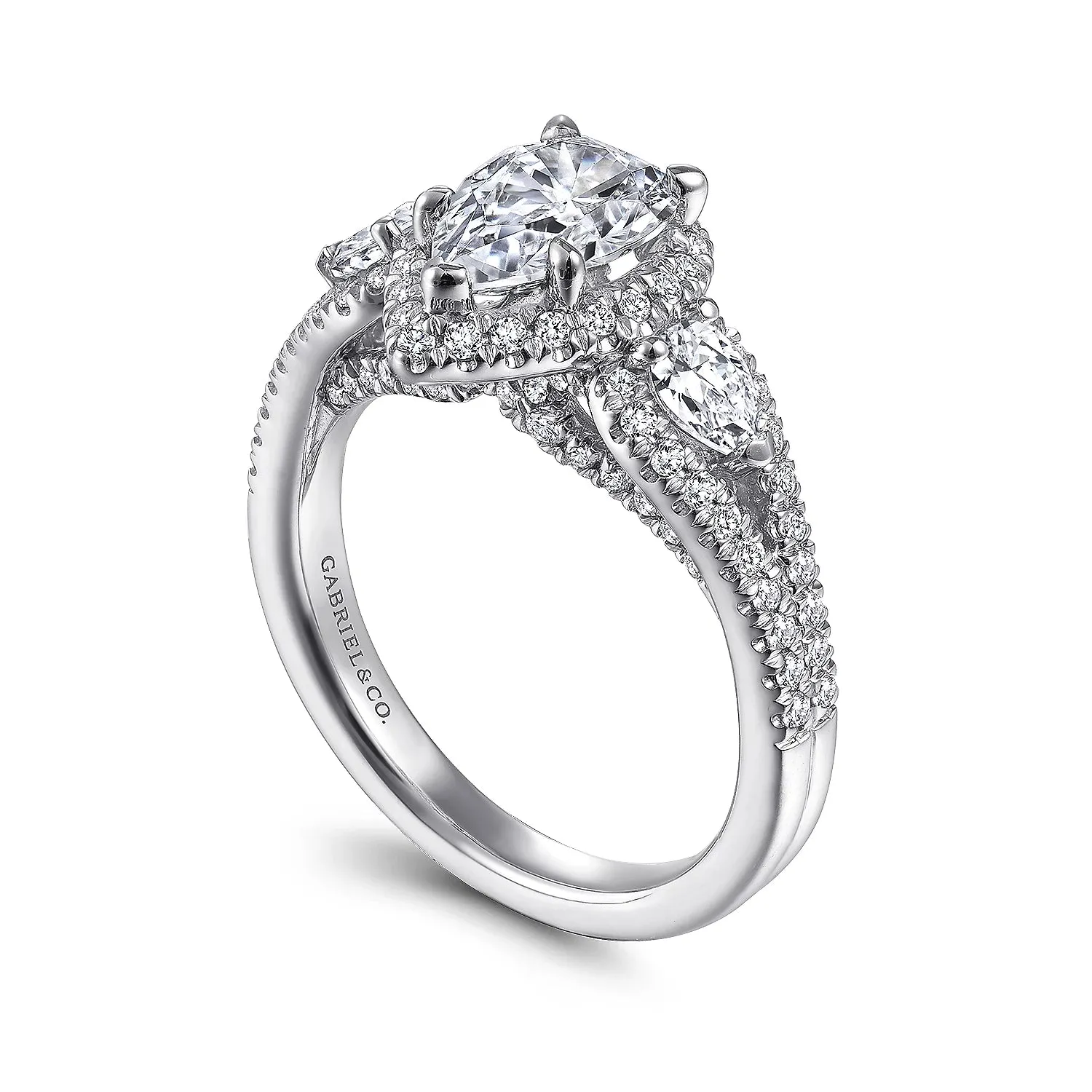 Pear Shape Three Stone Halo Diamond Engagement Ring Mounting