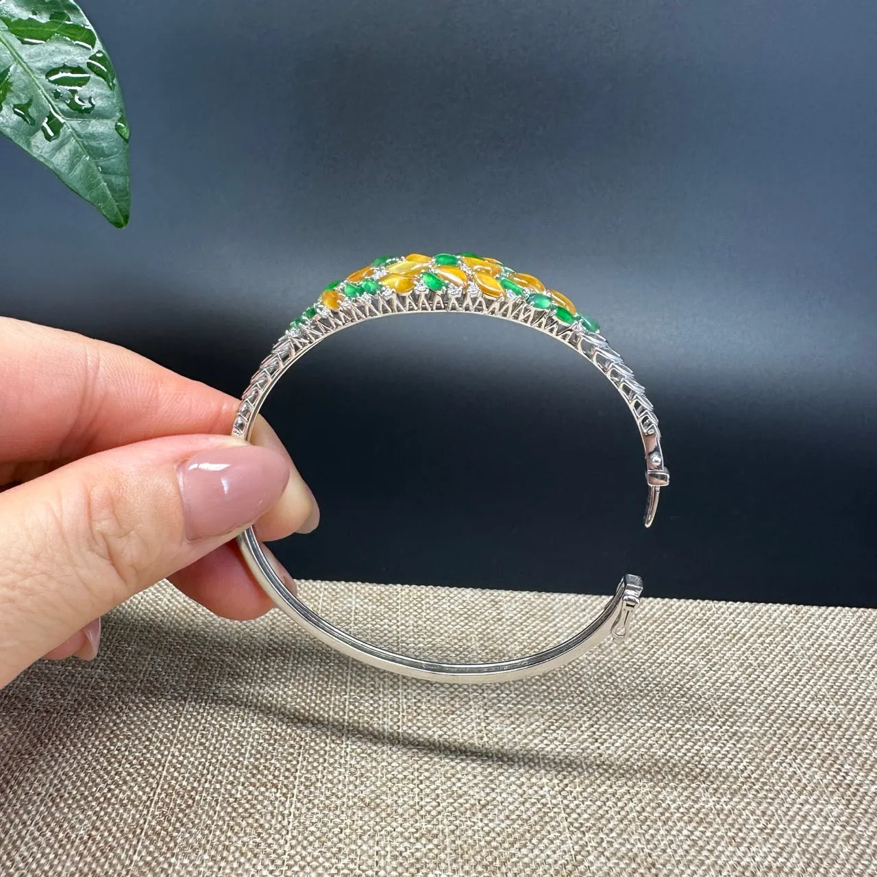 RealJade Luxury 18K White Gold Genuine Imperial Yellow & Green Jadeite Jade Bracelet